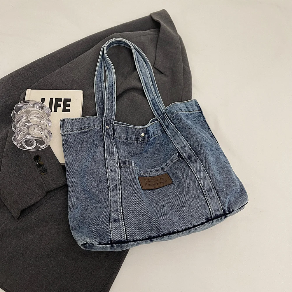 Women Denim Shoulder Bag Fashion Shoulder Purse Large Capacity Trendy Hobo Bag Hasp Closure Vintage Tote Bag Outdoor Travel Bag - Image 4