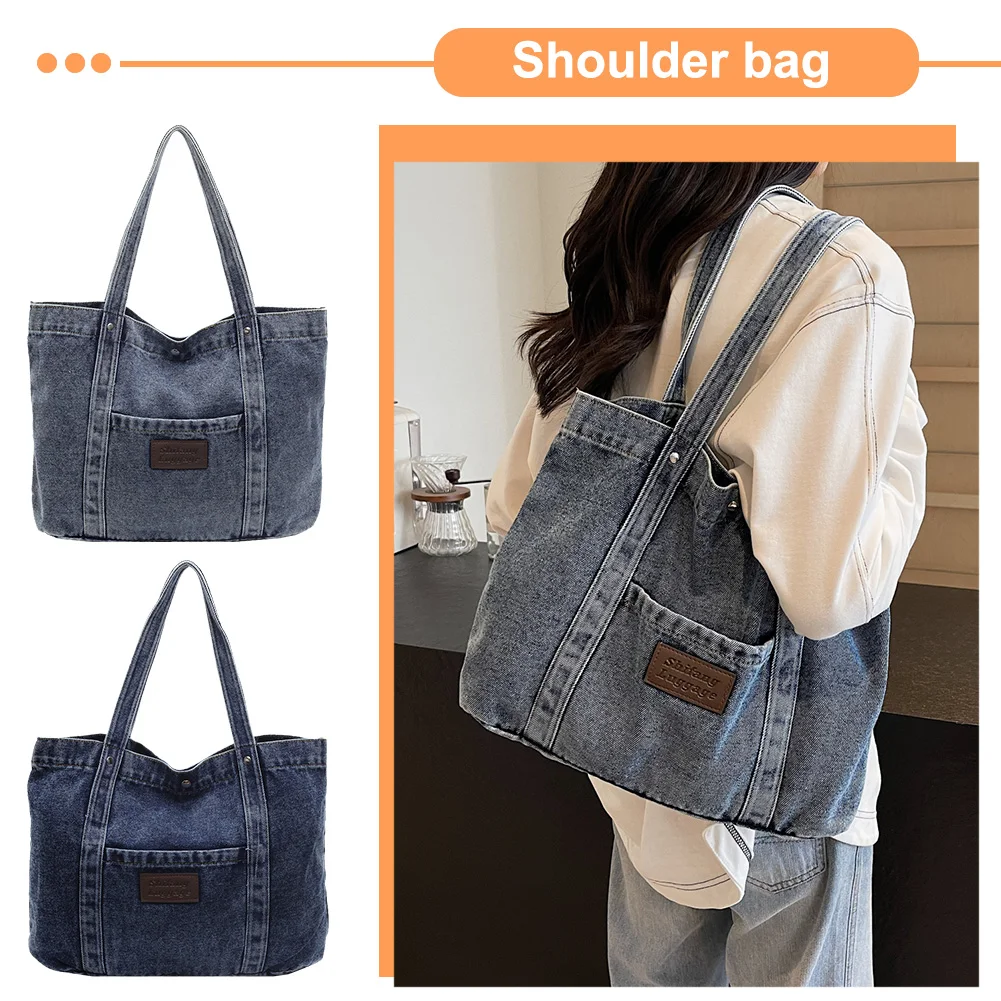 Women Denim Shoulder Bag Fashion Shoulder Purse Large Capacity Trendy Hobo Bag Hasp Closure Vintage Tote Bag Outdoor Travel Bag