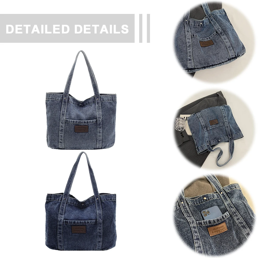 Women Denim Shoulder Bag Fashion Shoulder Purse Large Capacity Trendy Hobo Bag Hasp Closure Vintage Tote Bag Outdoor Travel Bag - Image 3