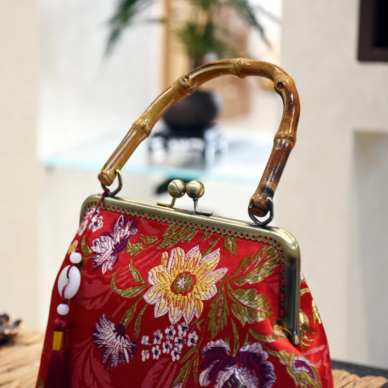 Classic Red Flowers Lock Bags Mother Gift Bag Chain Bags Women's Handbags Fringe Tassel Vintage Women Shoulder Crossbody Bag - Image 2