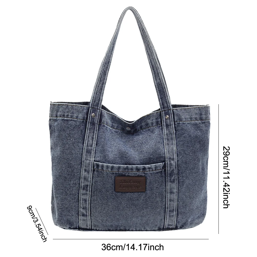 Women Denim Shoulder Bag Fashion Shoulder Purse Large Capacity Trendy Hobo Bag Hasp Closure Vintage Tote Bag Outdoor Travel Bag - Image 5